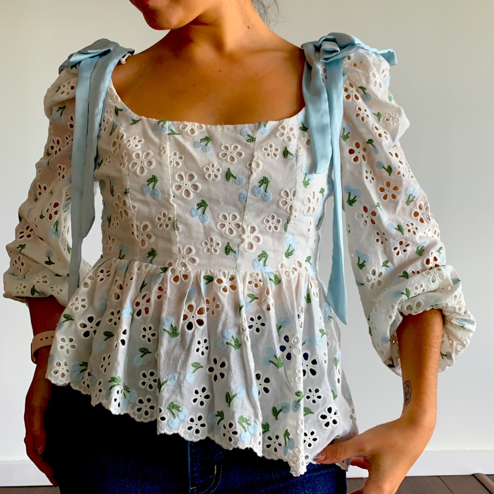 Wild Cherry Cotton For Love & Lemons Gardengirl Small Bow Asymmetrical Eyelet - Picture 2 of 12